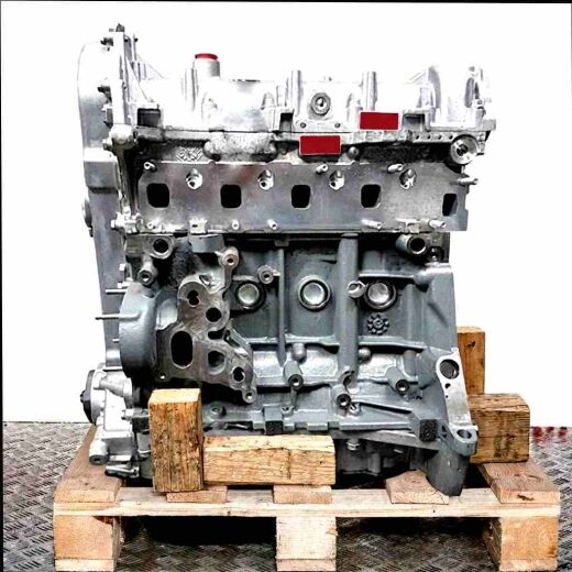 Side view of engine with code 199 A9.000 on a wooden pallet against a white background. The grey engine features silver and black parts.