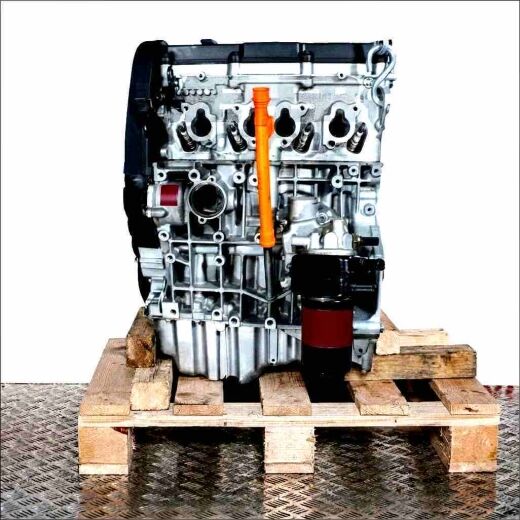 ALZ engine on a wooden pallet against a white background. Side view showcasing spark plugs and oil filter.