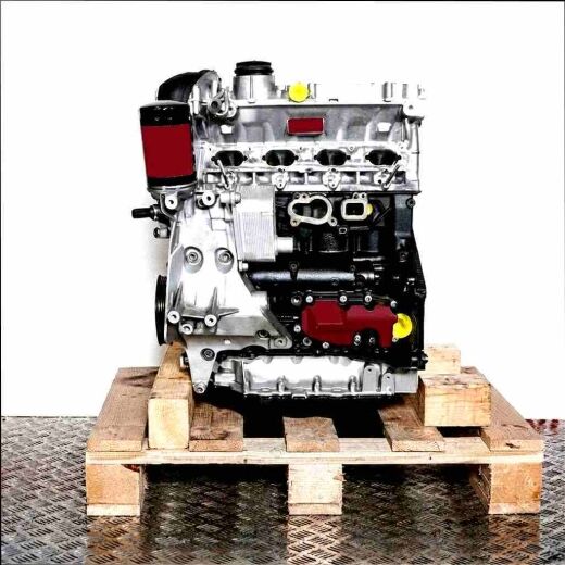 BWA engine on a wooden pallet against a white background. The silver and black engine with oil filter is shown from the side.