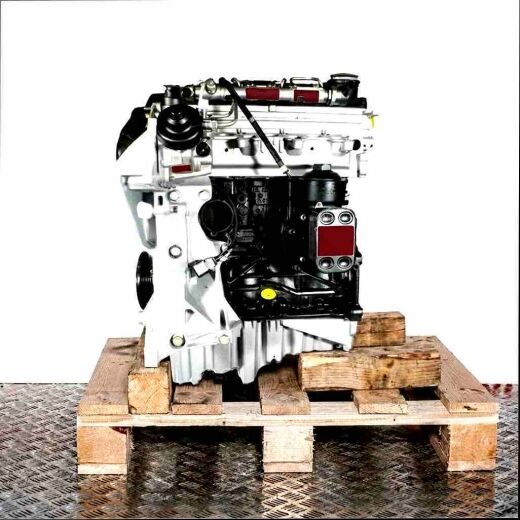 CGLA engine on a wooden pallet against a white background. The silver and black engine is viewed from the side, vertically oriented.