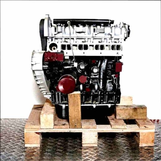 Engine F1AE0481N on a wooden pallet against a white background. The black engine block and silver cylinder head are visible, along with various components. Side view.