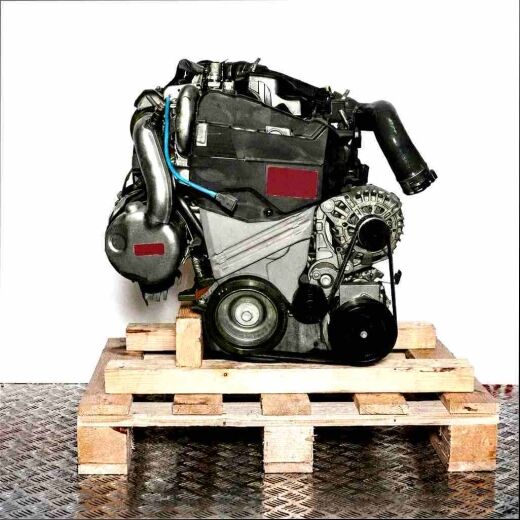 Side view of engine K9K 858 on a wooden pallet against a white background. The belt drive and alternator are clearly visible. The engine is oriented vertically.