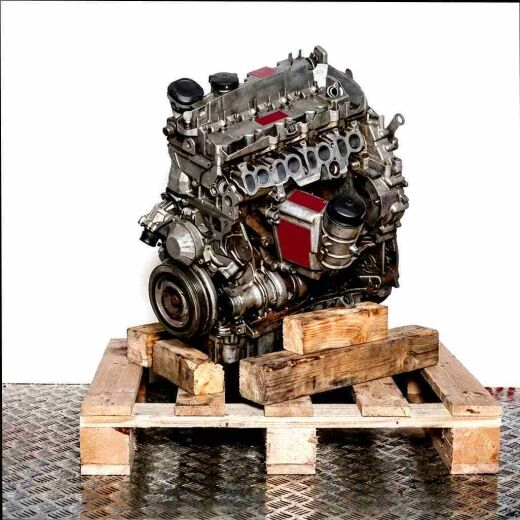 N47 D16 A engine on a wooden pallet against a white background. This grayscale image depicts the engine from a slightly angled side perspective.