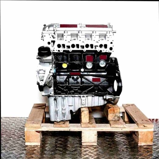 Black and silver engine OM 646.981 on a wooden pallet against a white background. The engine is viewed from the side and vertically.