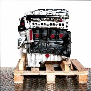 Side view of the OM 646.982 engine on a wooden pallet against a white background. The silver and black engine displays various components.