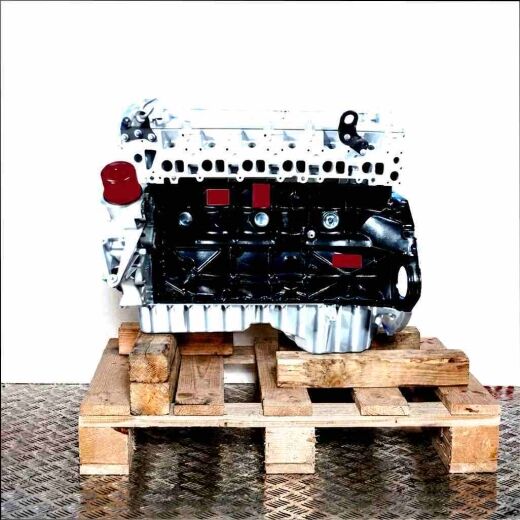OM 648.961 engine on a wooden pallet against a white background. The engine, with a black housing and silver cover, is fully visible.