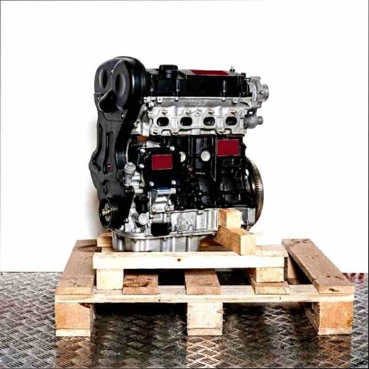 Side view of a Z 16 XE engine on a wooden pallet against a white background. The engine with black cover is vertically oriented.